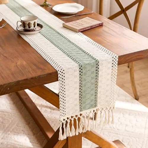 Niviy Sage Green Table Runner 72 Inches | Rustic Boho Summer Decor with Tassels thumbnail 2