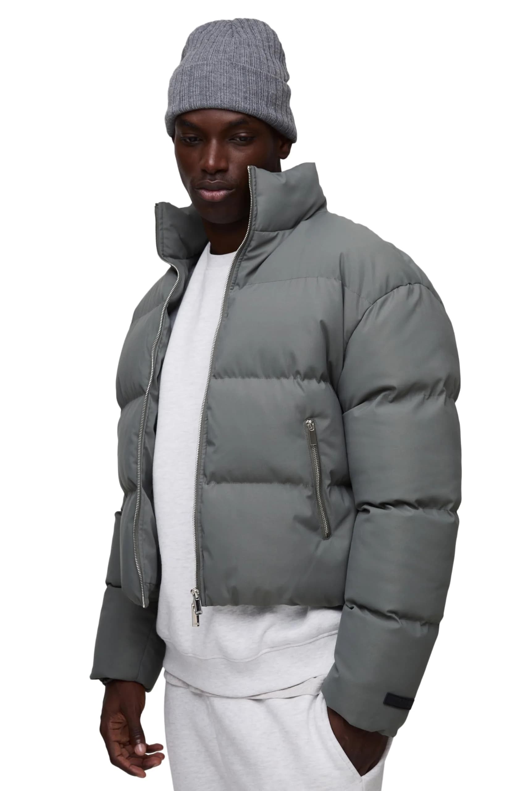 boohooMAN Man Boxy Fit Funnel Neck Puffer Coat in Grey | Lightweight Nylon Weather-Resistant Coat for Men - main product image