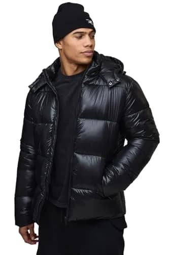 boohooMAN Regular Fit High Shine Puffer Jacket in Black | Glossy, Warm & Weather-Resistant thumbnail 1