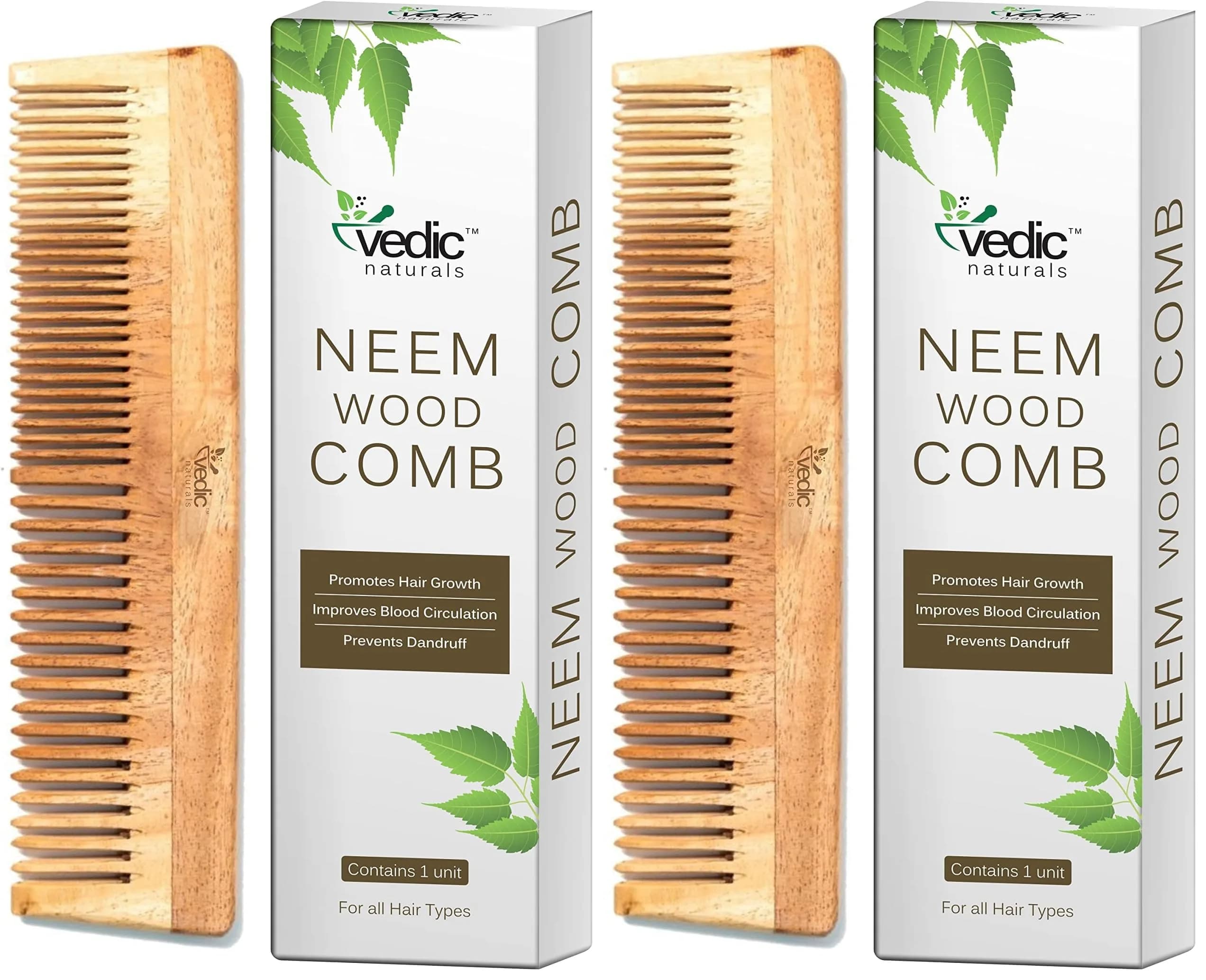 Vedic Naturals Neem Wood Comb (Pack of 2) | Promotes Hair Growth, Reduces Hair Fall & Controls Dandruff — Pack of 2