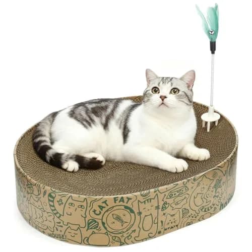 ARGOPET Oval Cat Scratcher Bed with Toy | 43cm (17in) Curved Cardboard Lounger for Indoor Cats thumbnail 1