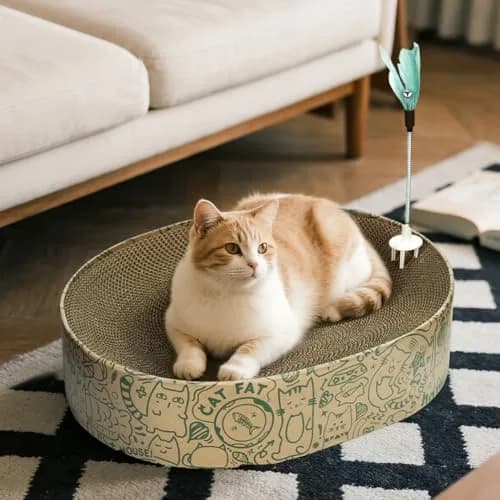 ARGOPET Oval Cat Scratcher Bed with Toy | 43cm (17in) Curved Cardboard Lounger for Indoor Cats thumbnail 2