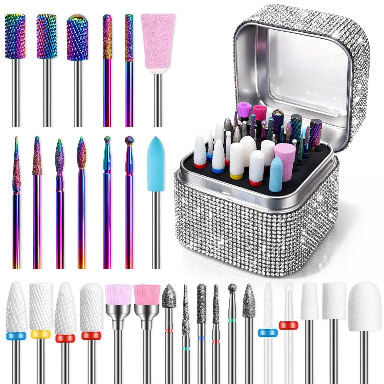 Rolokit 30PCS Diamond Nail Drill Bits Set for Cuticle Acrylic Gel Removal | Durable, Safe & Compatible with Most Drills — Silver Case with 30 Bits