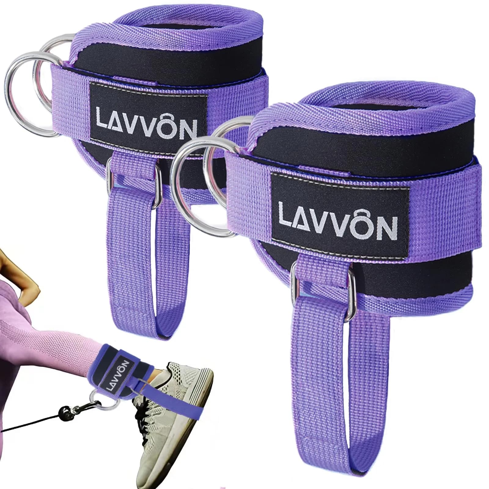 LAVVON Padded Ankle Straps for Cable Machines Kickbacks - Glute Workout Cuffs with Double D-Ring, Army Green (1 Pair) — Purple