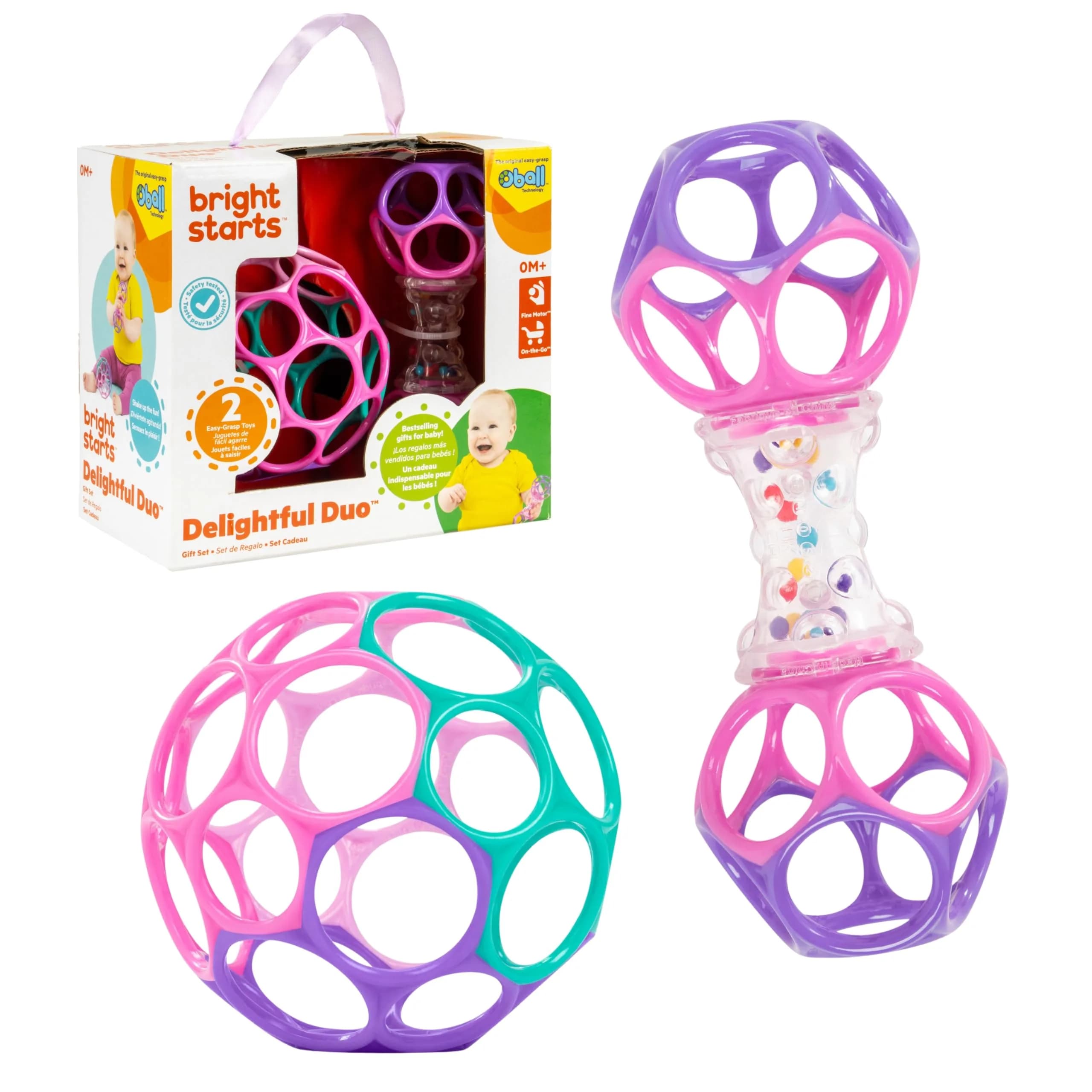 Bright Starts Grab & Spin Baby Rattle & Teether Toy, 2-Pack | BPA-Free Silicone for Ages 3+ Months — Pink & Purple
