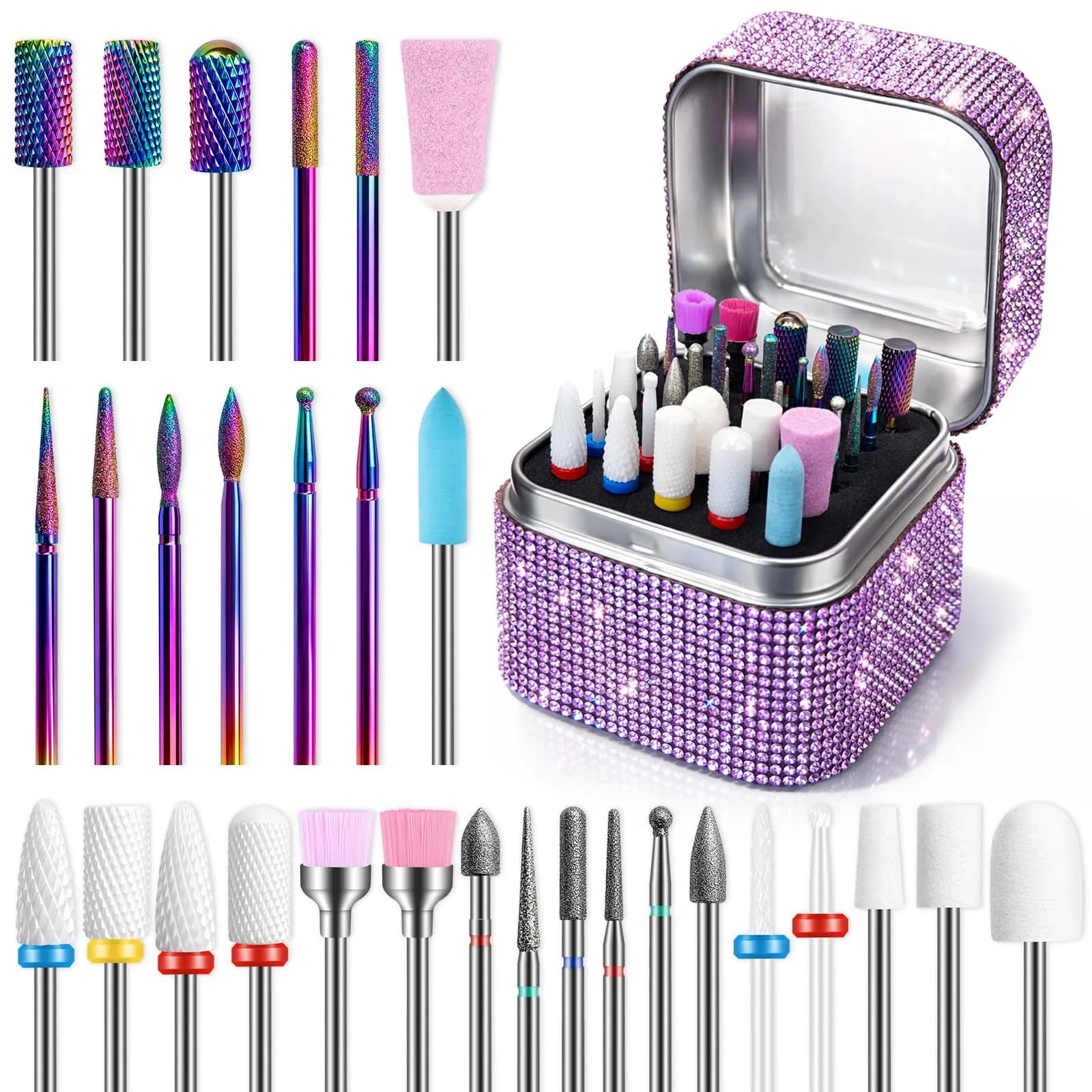 Rolokit 30PCS Diamond Nail Drill Bits Set for Cuticle Acrylic Gel Removal | Durable, Safe & Compatible with Most Drills — Purple Case with 30 Bits