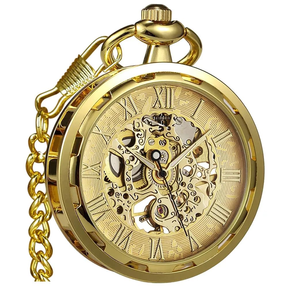 VIGOROSO Vintage Mechanical Pocket Watch with Chain | 4.3 cm (1.75 Inch) Case | Gold & Roman Numeral Dial