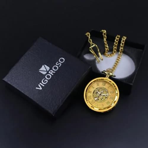 VIGOROSO Vintage Mechanical Pocket Watch with Chain | 4.3 cm (1.75 Inch) Case | Gold & Roman Numeral Dial thumbnail 6