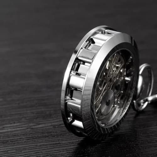 VIGOROSO Vintage Pocket Watch with Chain | Mechanical Skeleton Dial, Roman Numerals, 1.75in Alloy Steel Case, Silver & Roman No. thumbnail 4