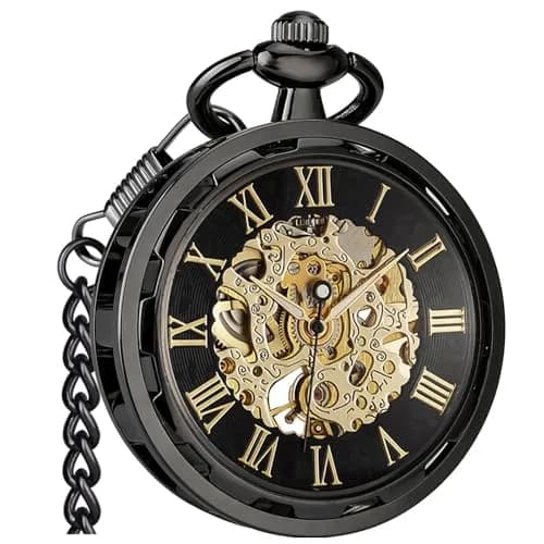 VIGOROSO Vintage Pocket Watch with Chain | Mechanical Skeleton Dial, Roman Numerals, 1.75" Alloy Steel Case, Black & Roman No. thumbnail 1