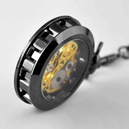VIGOROSO Vintage Pocket Watch with Chain | Mechanical Skeleton Dial, Roman Numerals, 1.75" Alloy Steel Case, Black & Roman No. thumbnail 4