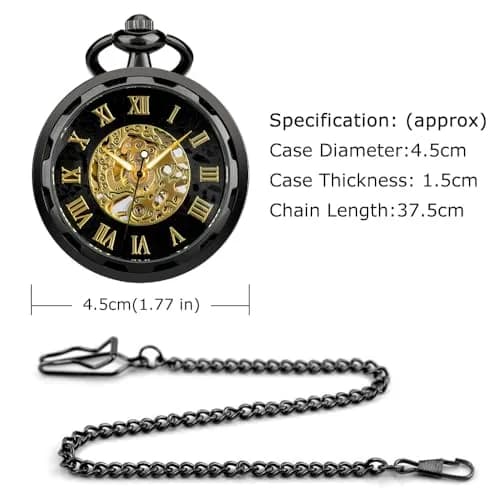 VIGOROSO Vintage Pocket Watch with Chain | Mechanical Skeleton Dial, Roman Numerals, 1.75" Alloy Steel Case, Black & Roman No. thumbnail 5