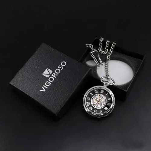 VIGOROSO Vintage Pocket Watch with Chain | Mechanical Skeleton Dial, Roman Numerals, 1.75" Alloy Steel Case, Black & Roman No. thumbnail 7
