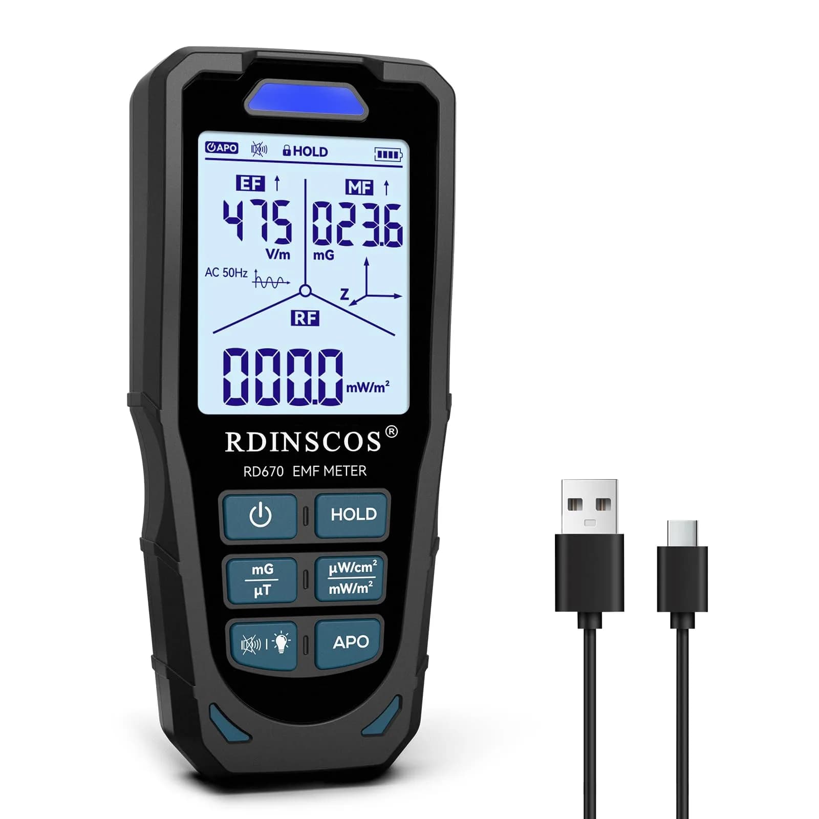 RDINSCOS 3-in-1 EMF Detector Rechargeable EMF Meter with 10GHz RF Detection | Measures Electric, Magnetic, RF Fields — Black