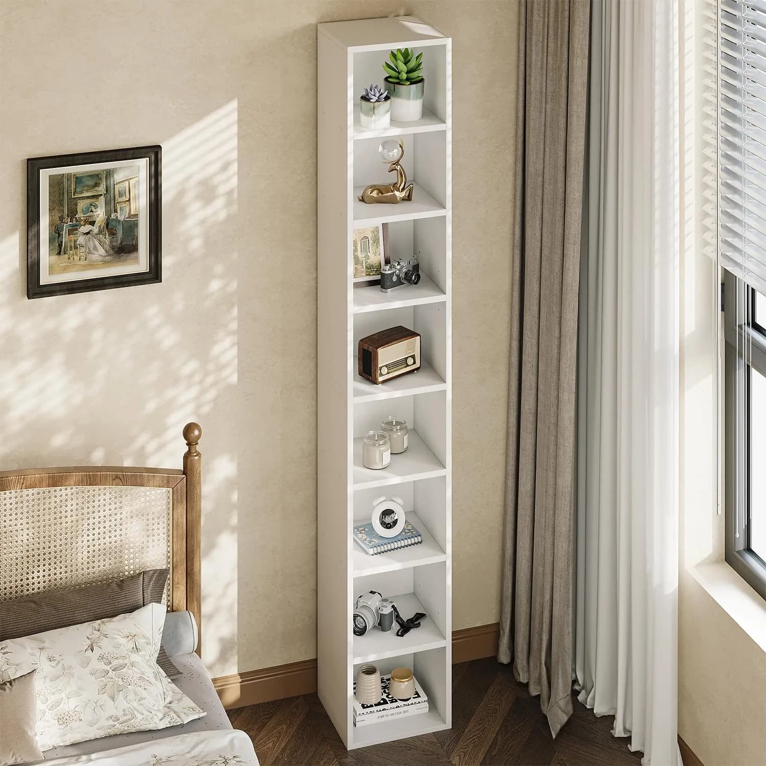 OneBlis 6-Tier Book Shelf 71" Tall | Durable Wooden Display with Anti-Tip (70-120 chars) — White / 8-Tier