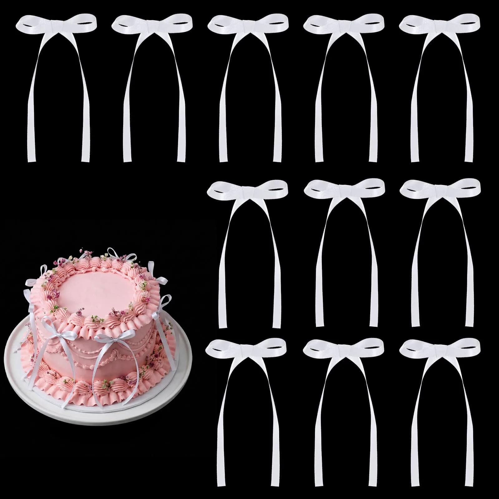 NatNarr White Bow Cake Toppers 30 Pack | Handmade Polyester Ribbon for Parties