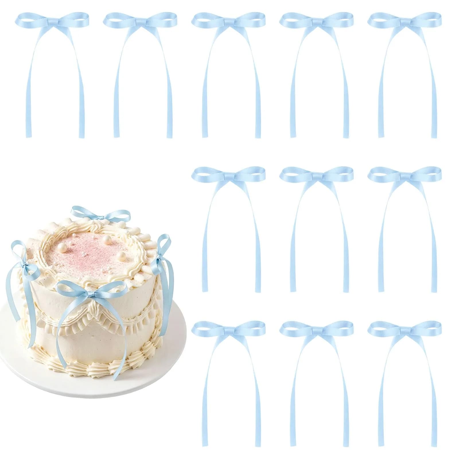 NatNarr Light Blue Bow Cake Toppers 30 Pack | Handmade Polyester Ribbons for Parties