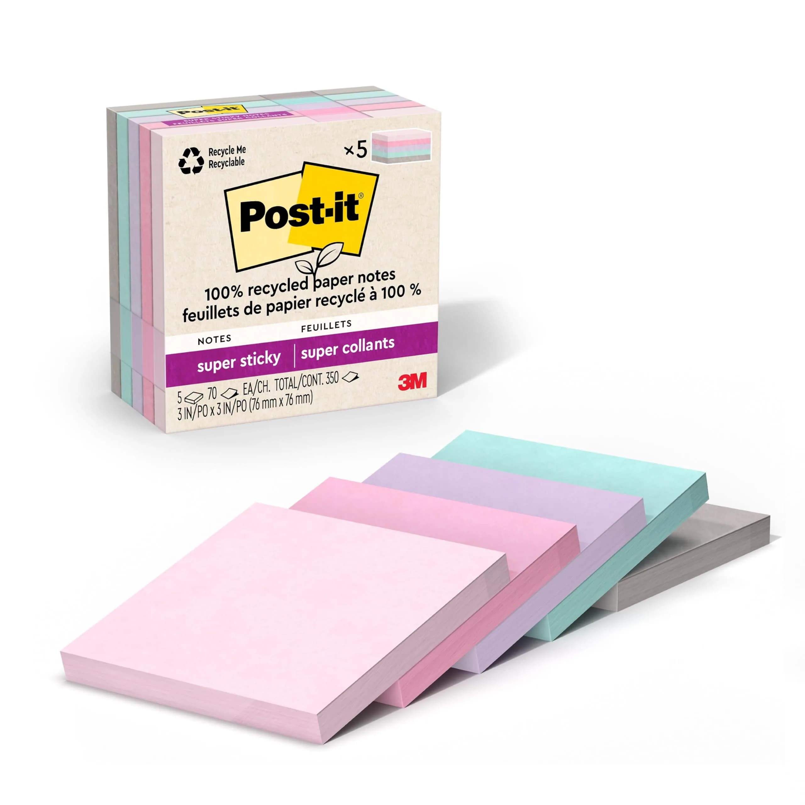 Post-it Super Sticky Notes Wanderlust Pastels Collection 3x3 in, 70 Sheets/Pad, 24 Pads | 2X Sticking Power, Recycled Paper