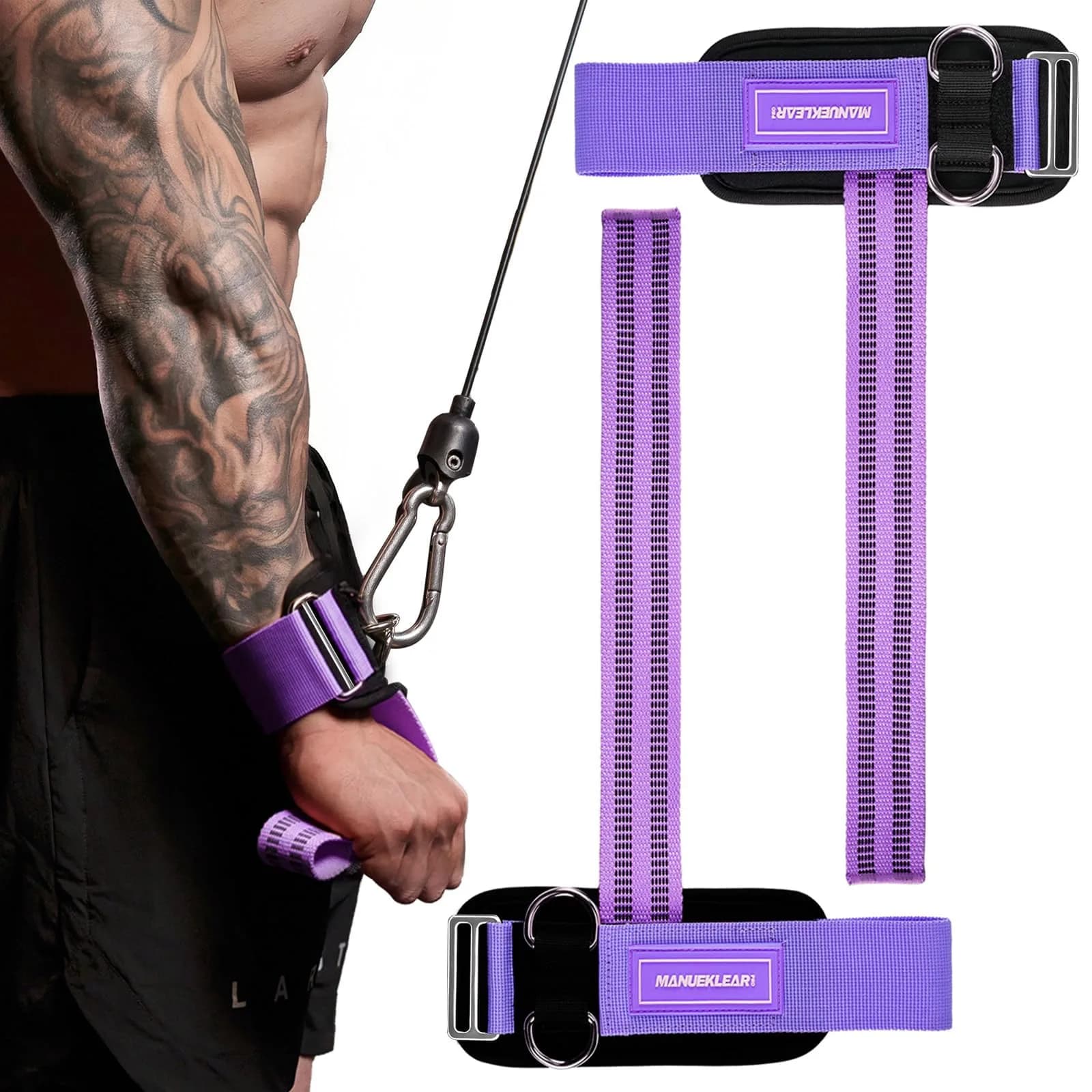 M MANUEKLEAR Black Lifting Straps with Double D-Ring & Padded Wrist Support for Weightlifting, Gym Workouts (Pair, M: 6.3-7.5 inch) — Purple