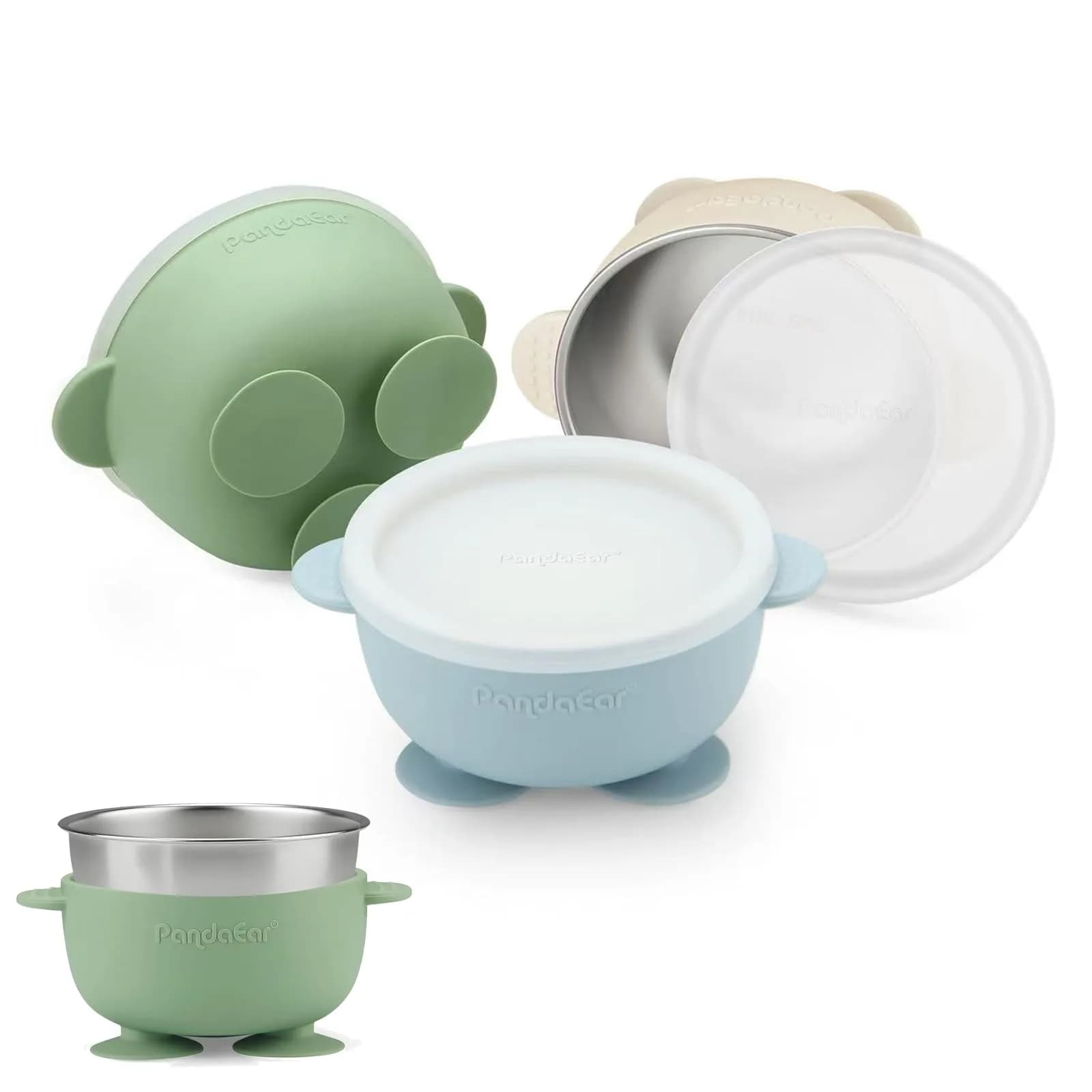 PandaEar 3 Pack Stainless Steel Baby Suction Bowls | Non-Slip Child Food Bowls with Silicone Sleeve for Toddlers & Infants — Blue Green Beige / With Lids