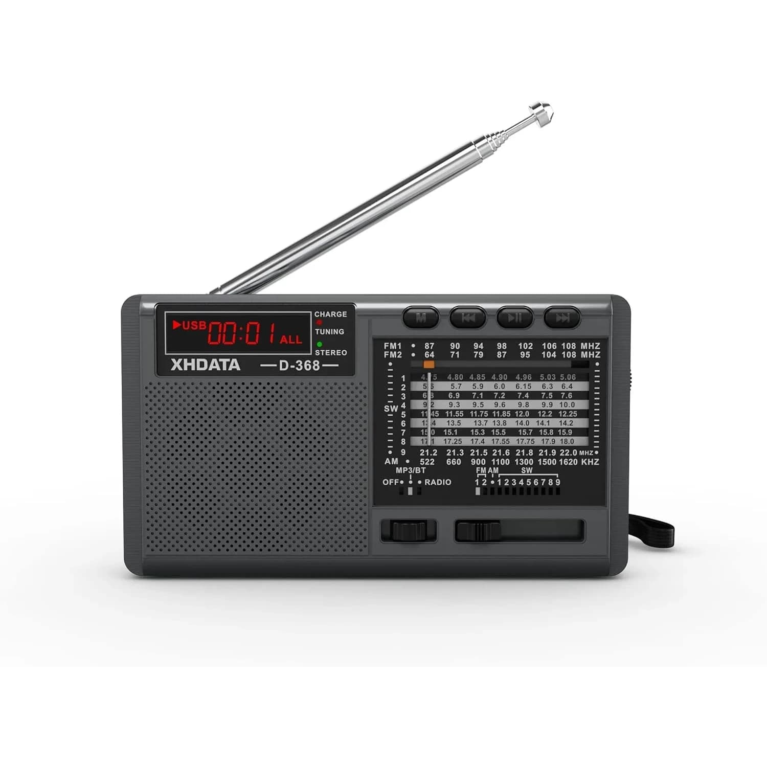 XHDATA D368 Portable AM FM Shortwave Radio with DSP Chip, 2000mAh Battery, Dark Grey | Global Broadcast Receiver