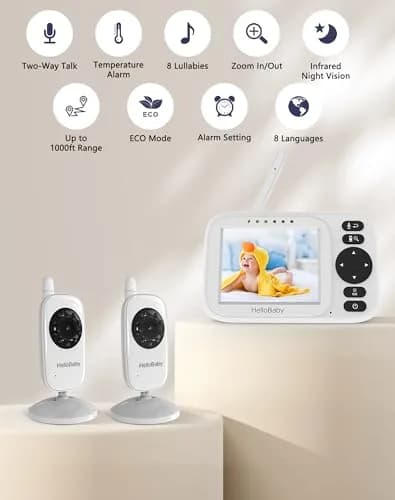 HelloBaby Video Baby Monitor with 2 Cameras & 3.2" Screen | No WiFi, 1000ft Range, Night Vision, Two-Way Talk thumbnail 2