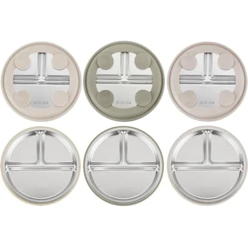 PandaEar 3 Pack Stainless Steel Baby Suction Plates | Divided Toddler Plate for Baby Led Weaning, Non-Slip, Dishwasher Safe (Linen/Brown/Tan) thumbnail 1