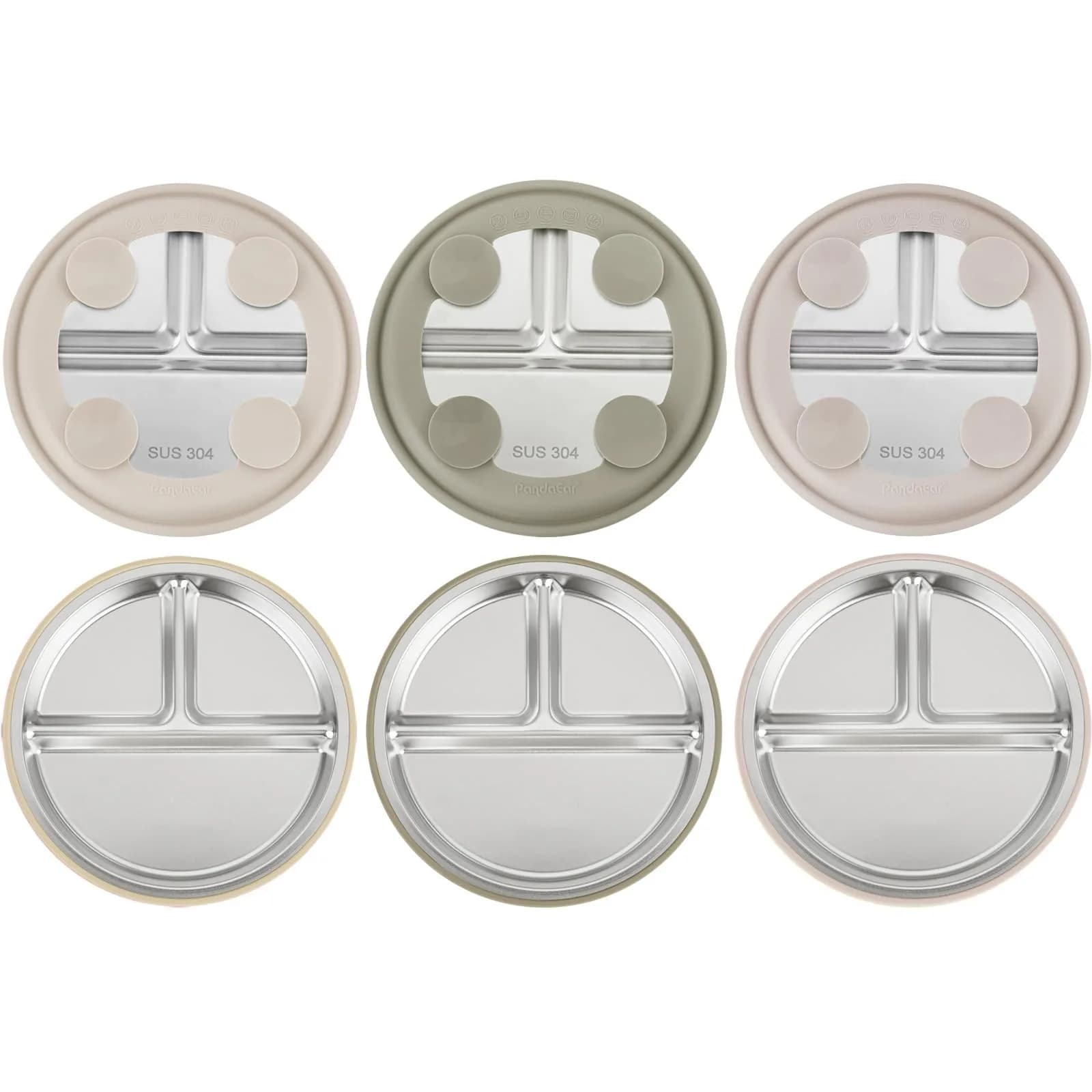 PandaEar 3 Pack Stainless Steel Baby Suction Plates | Divided Toddler Plate for Baby Led Weaning, Non-Slip, Dishwasher Safe (Linen/Brown/Tan)