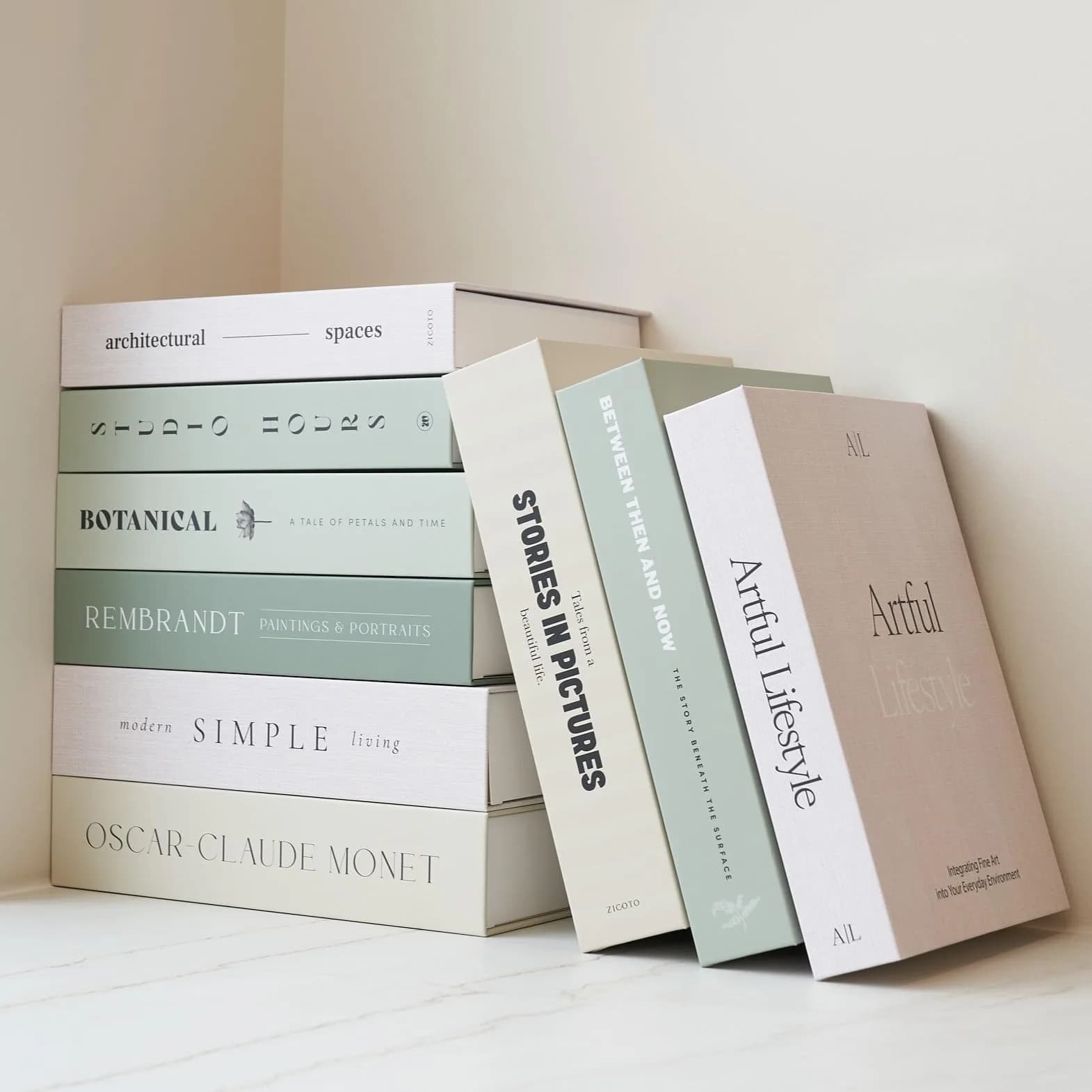 ZICOTO Decorative Faux Books Set of 9 | 24.1 cm (9.5") x 16.5 cm (6.5") x 5.1 cm (2") | Modern Sage & Beige Aesthetic Home Decor - main product image