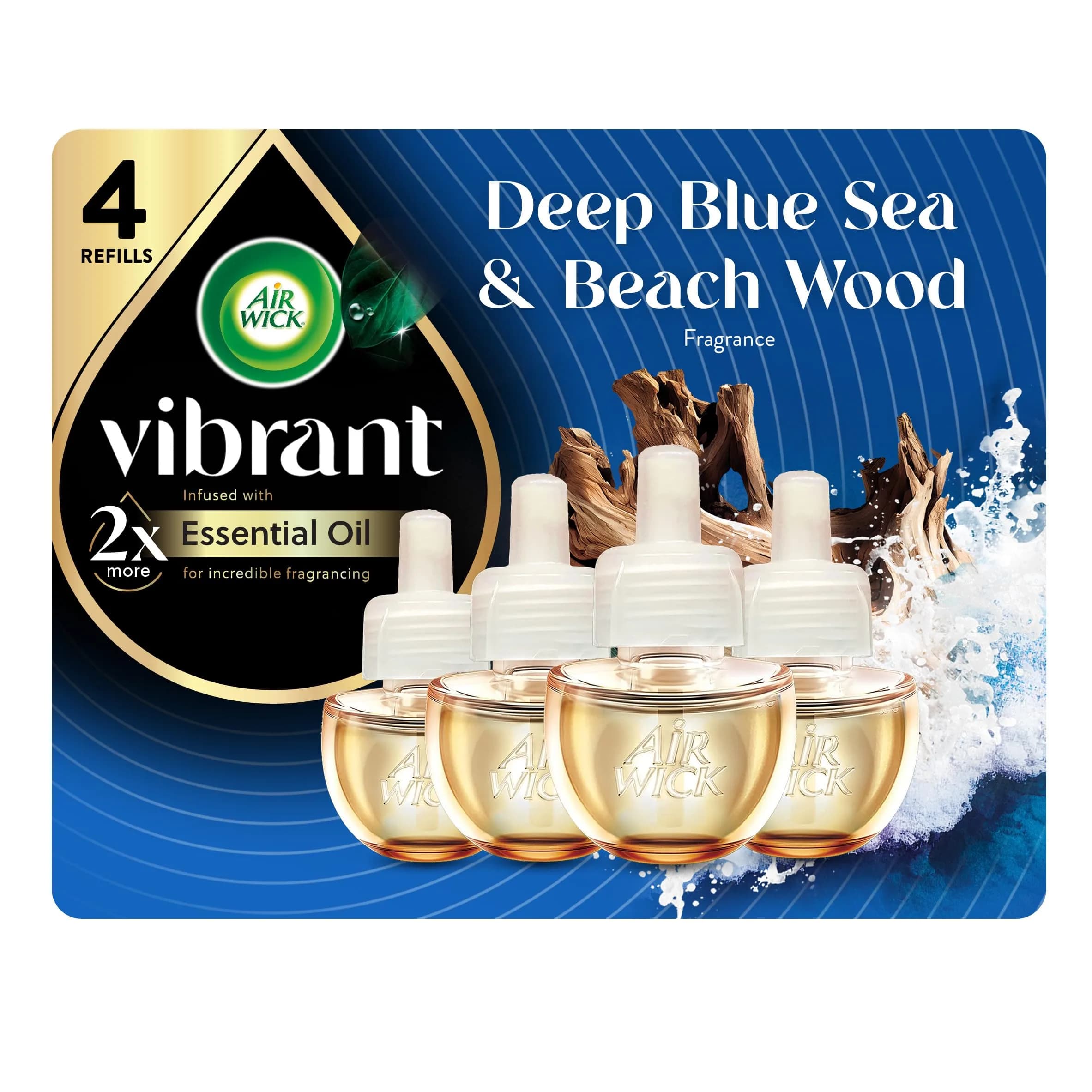 Air Wick Plug In Refills Deep Blue Sea & Beach Wood 4 ct (2.69 Fl Oz Total) | Concentrated Formula Area Deodorizer