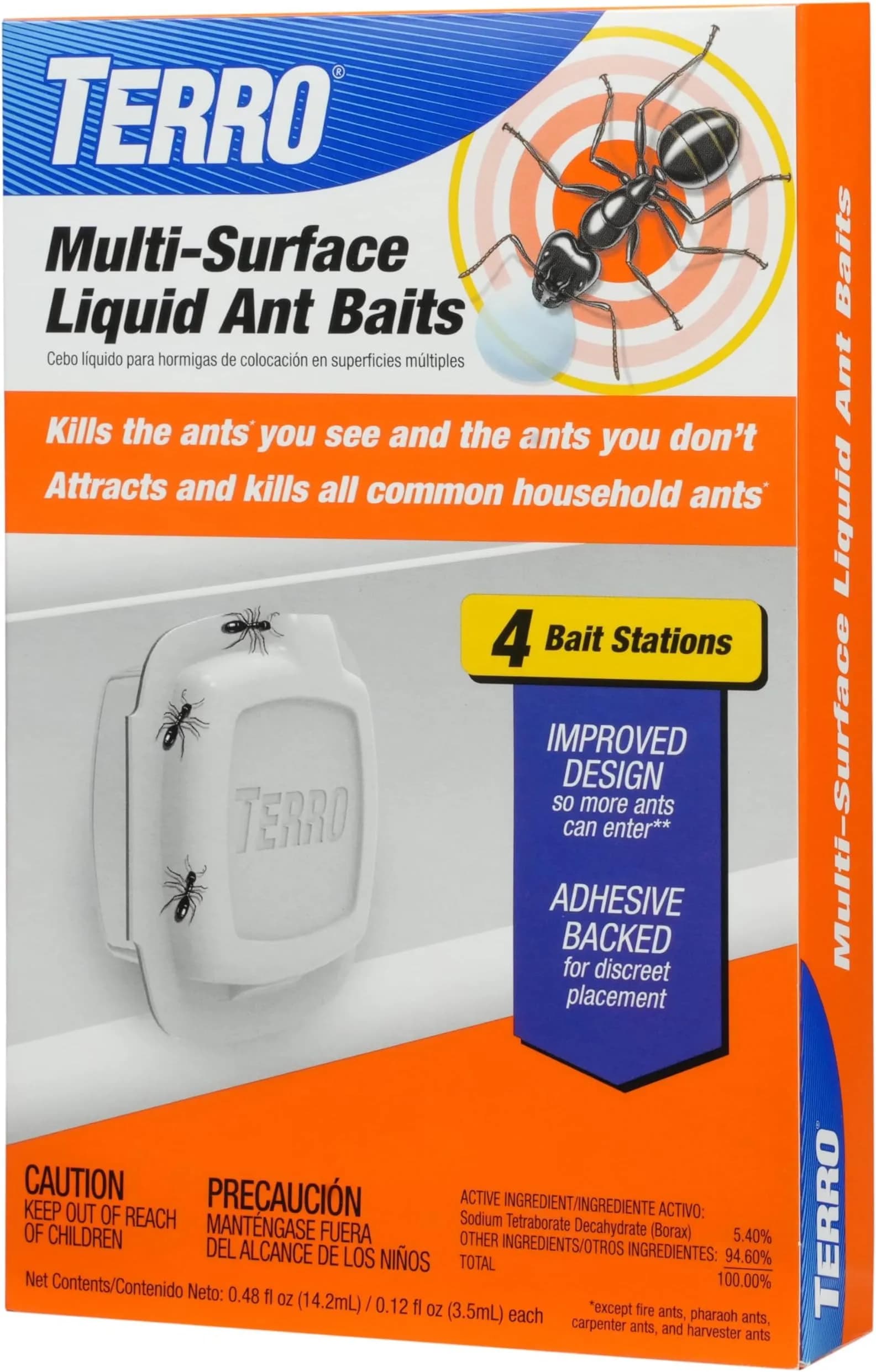 TERRO Multi-Surface Liquid Ant Baits, 4 Bait Stations | Kills Common Household Ants — Orange