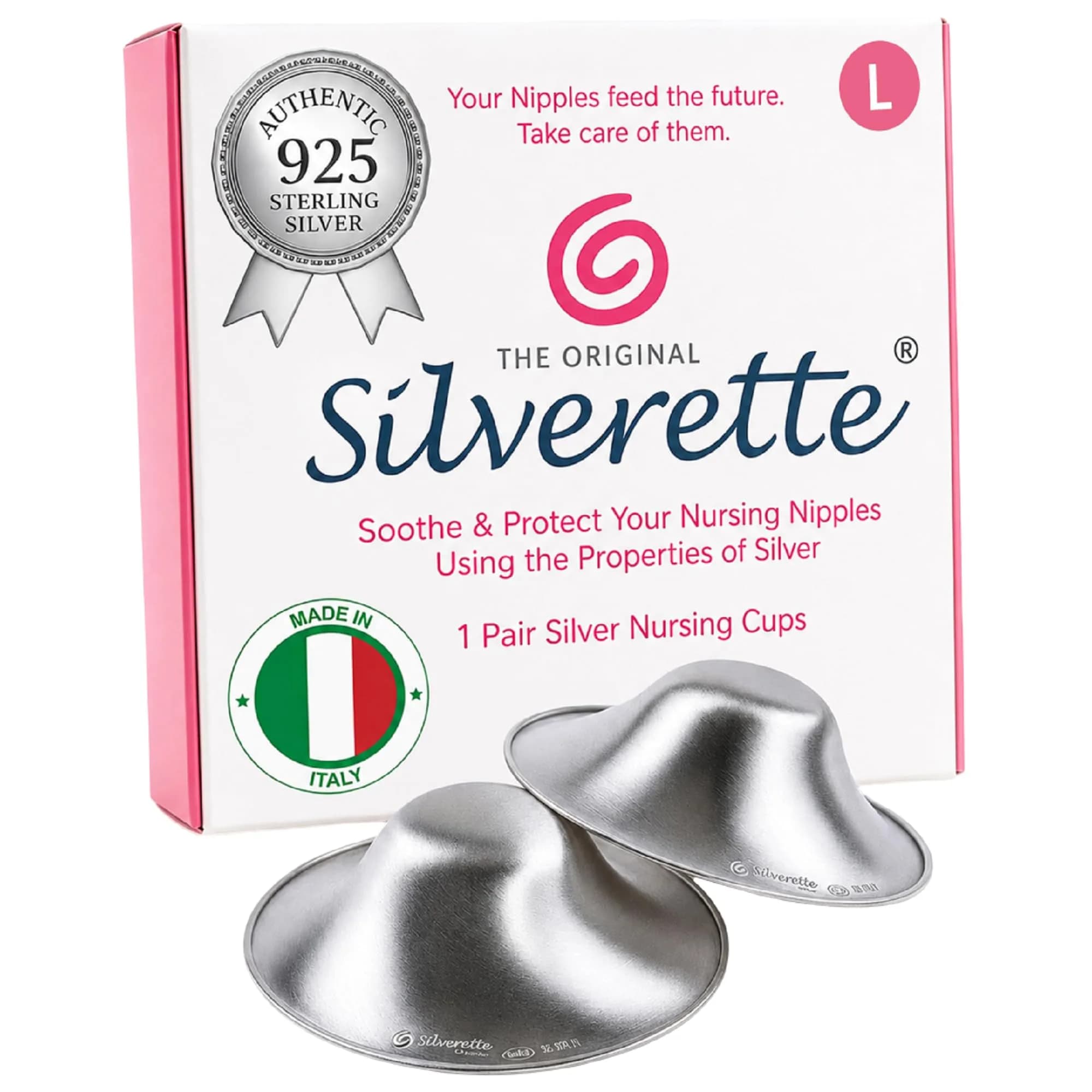 Silverette Silver Nursing Cups with O-Feel Silicone Rings | Handcrafted Sterling Silver for Soothing Relief — Large