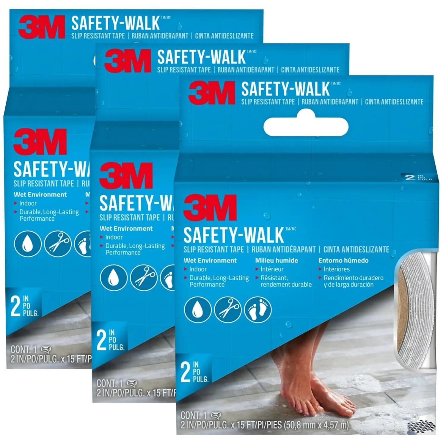 3M Safety-Walk Clear Anti-Slip Tape 2 in x 15 ft (Pack of 3) | Secure Grip for Wet Areas