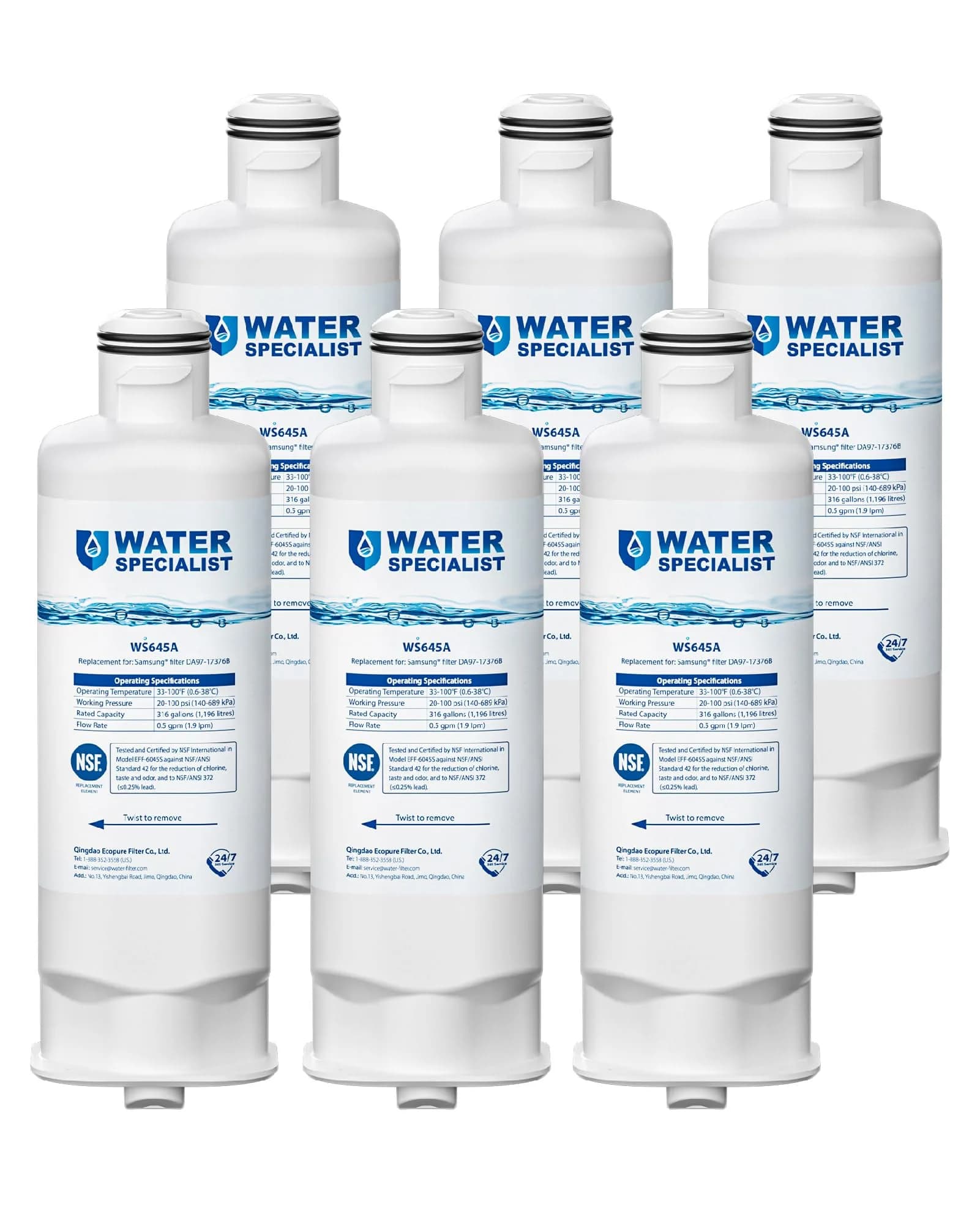 Waterspecialist WS645A Refrigerator Water Filter 6 Pack | NSF Certified for Purity — White