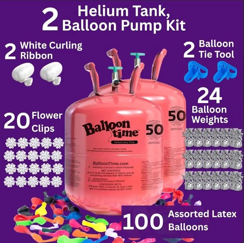BLUE RIBBON Helium Tank for Balloons At Home Silver Kit | 2 x 14.9 cu ft Tanks, 100 Balloons, Ribbon, Weights, Tie Tools thumbnail 2