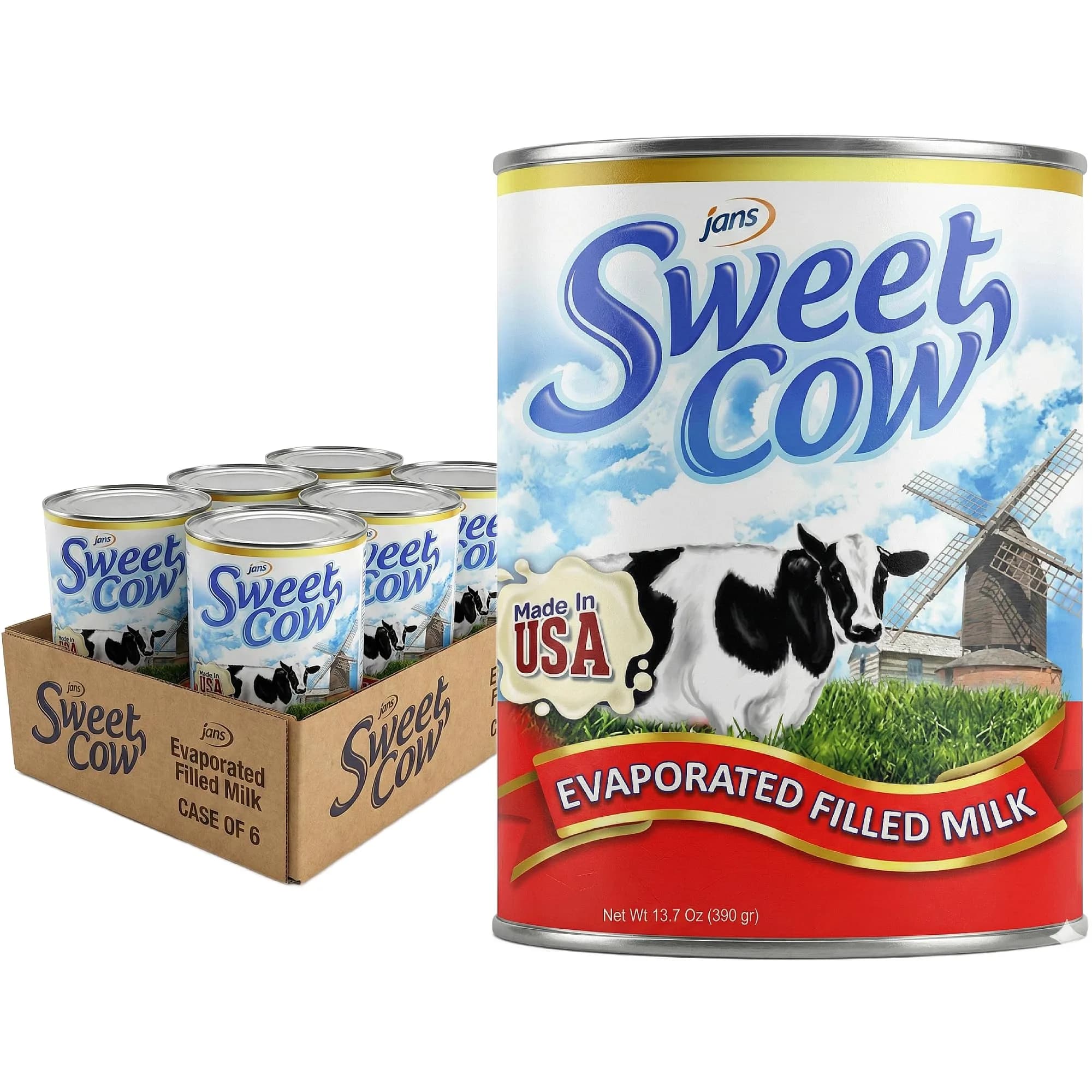 Jans Sweet Cow Evaporated Milk, 13.7 oz (388 ml) Pack of 6 | Unsweetened Cooking Milk for Rich Desserts & Savory Dishes