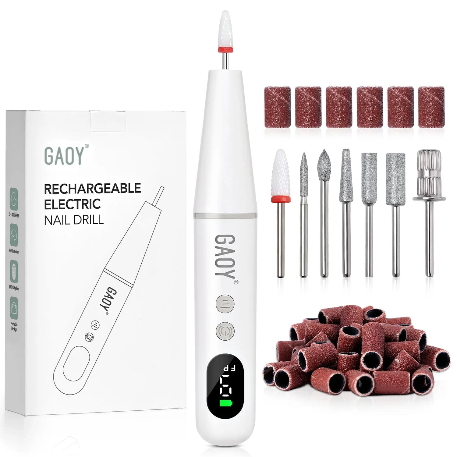 GAOY Cordless Nail Drill White | Rechargeable Electric Nail File with LED Display — White
