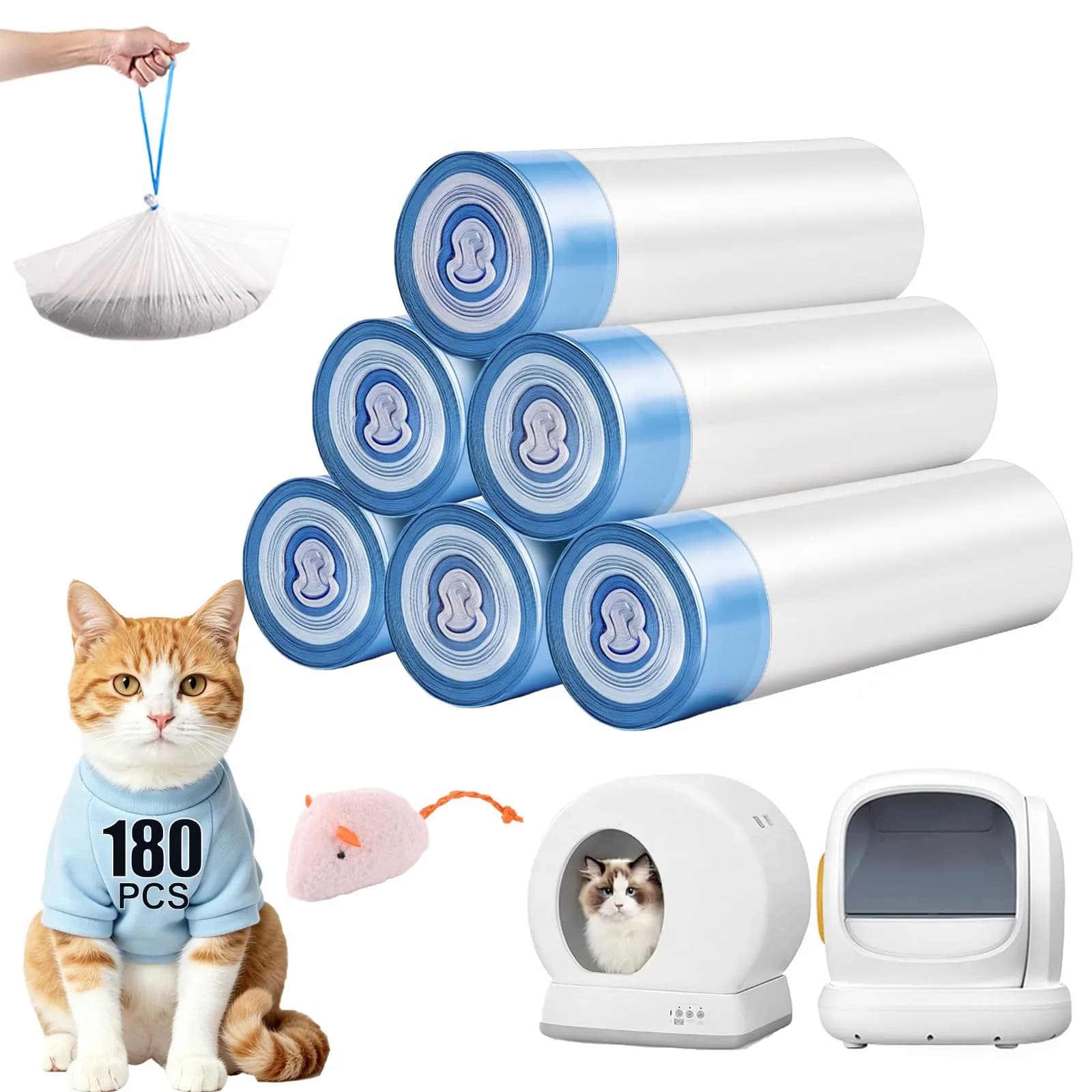 KropBom 180 Count Drawstring Cat Litter Bags Compatible with MW-SC01/SC02/SC09/LR01 | Thickened, Leak-Proof, Easy Closure