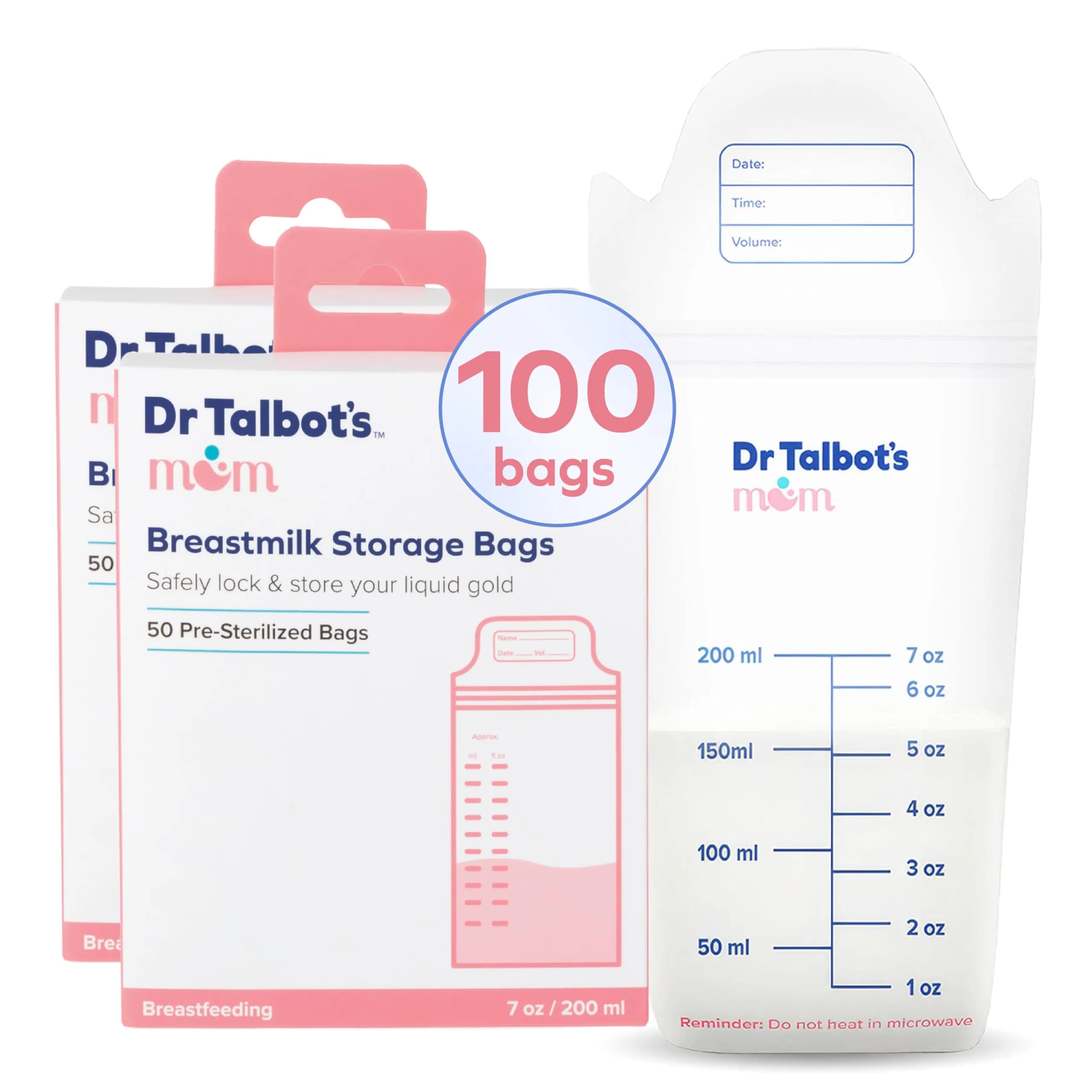 Dr. Talbot's Mom MilkFresh Breastmilk Storage Bags 100 Count (2 x 50 Bags) | BPA-Free & Puncture-Resistant — Clear