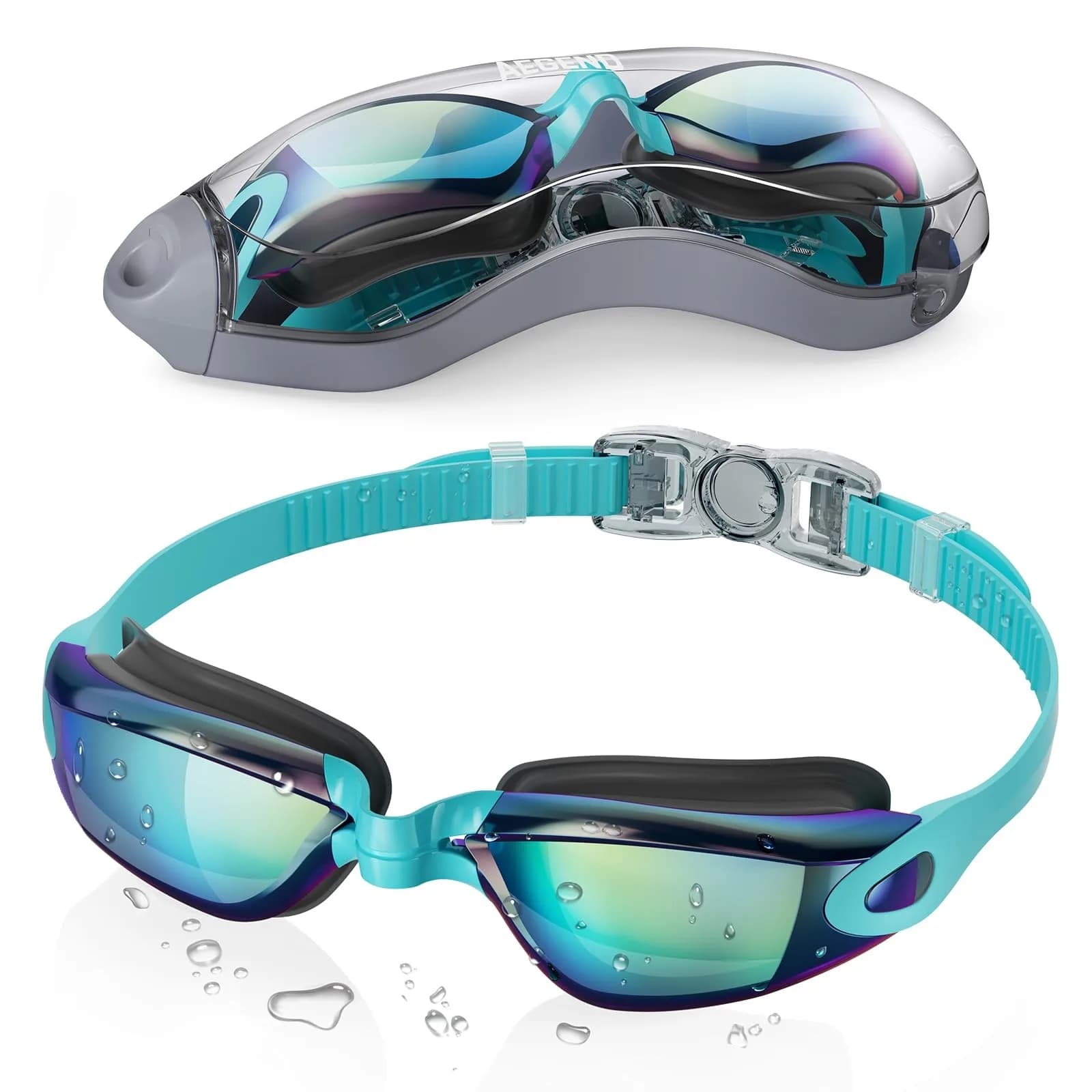 Aegend Swim Goggles, Cyan Aqua Mirrored Anti-Fog, Adult & Youth Fit | 180° Panoramic View