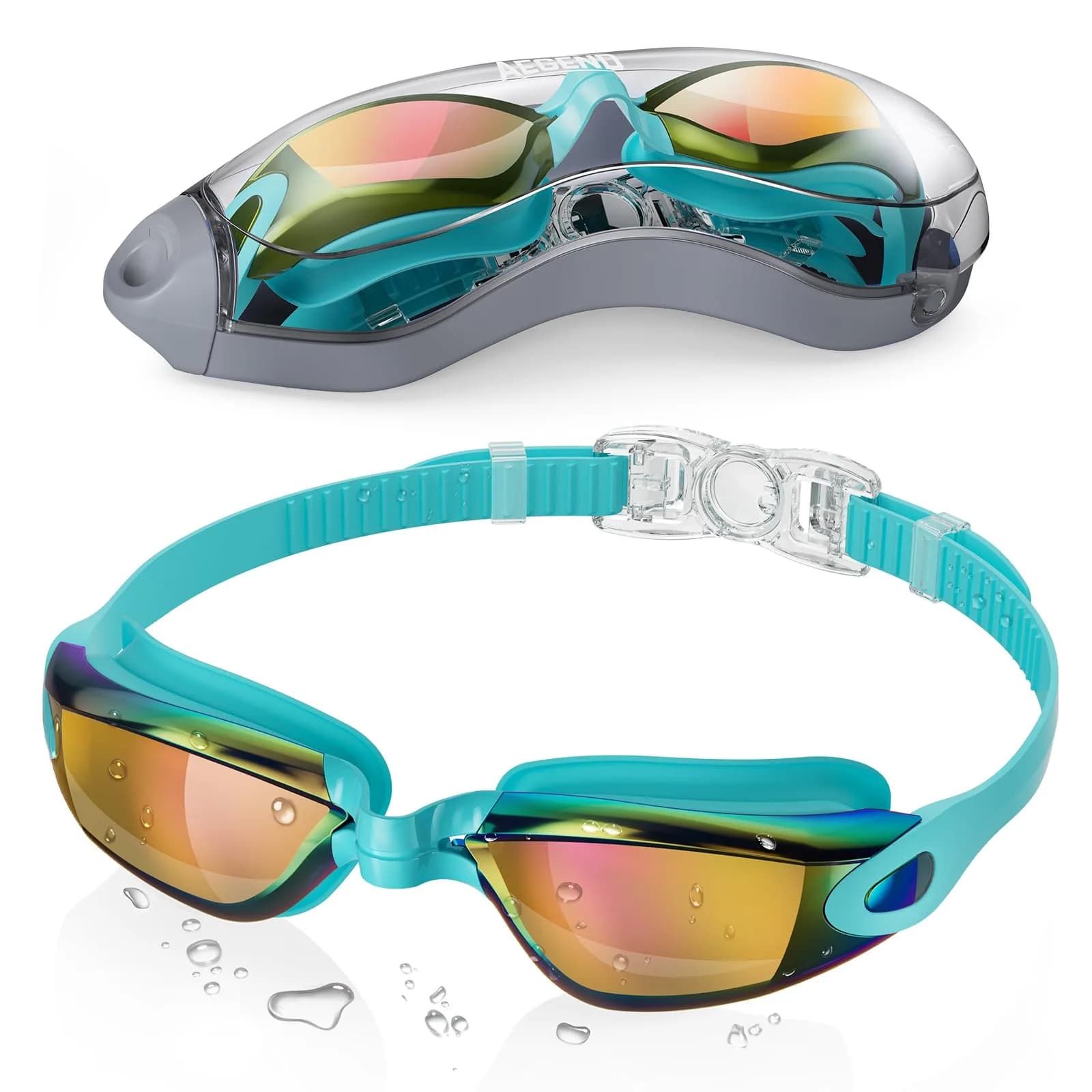 Aegend Adult & Youth Swim Goggles | Mirrored Cyan Red, 1-Pack