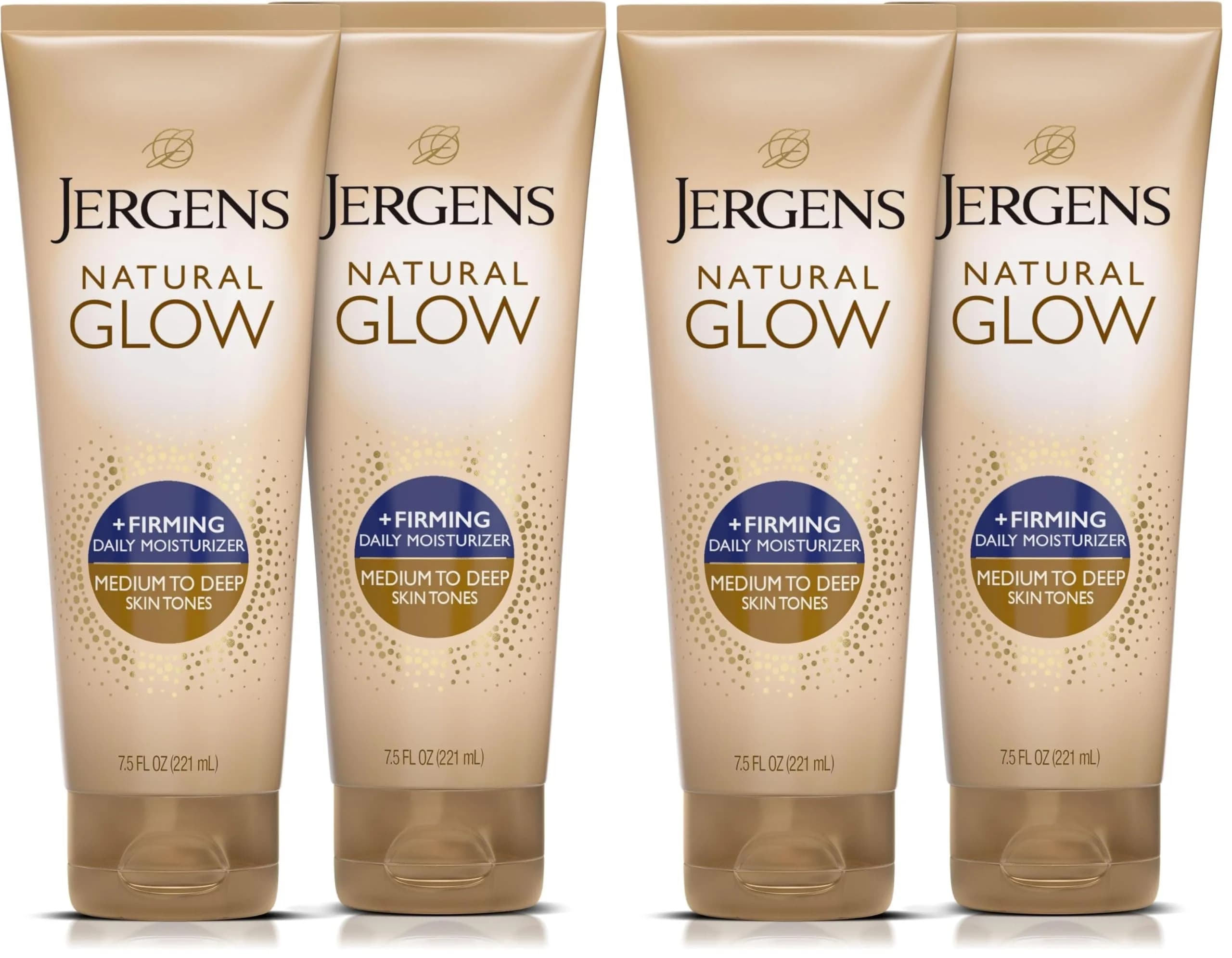 Jergens Natural Glow +Firming Body Lotion, Medium to Deep Skin Tone, 7.5 Oz (222ml) Bottles (Pack of 4) | Gradual Self Tanner with Collagen & Elastin - main product image