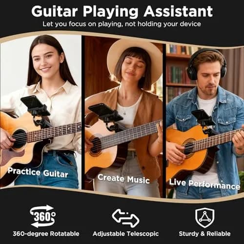 Facmogu Guitar Phone Holder, 360° Rotatable, Universal Smartphone Clamp for Guitar & Ukulele, Black thumbnail 5