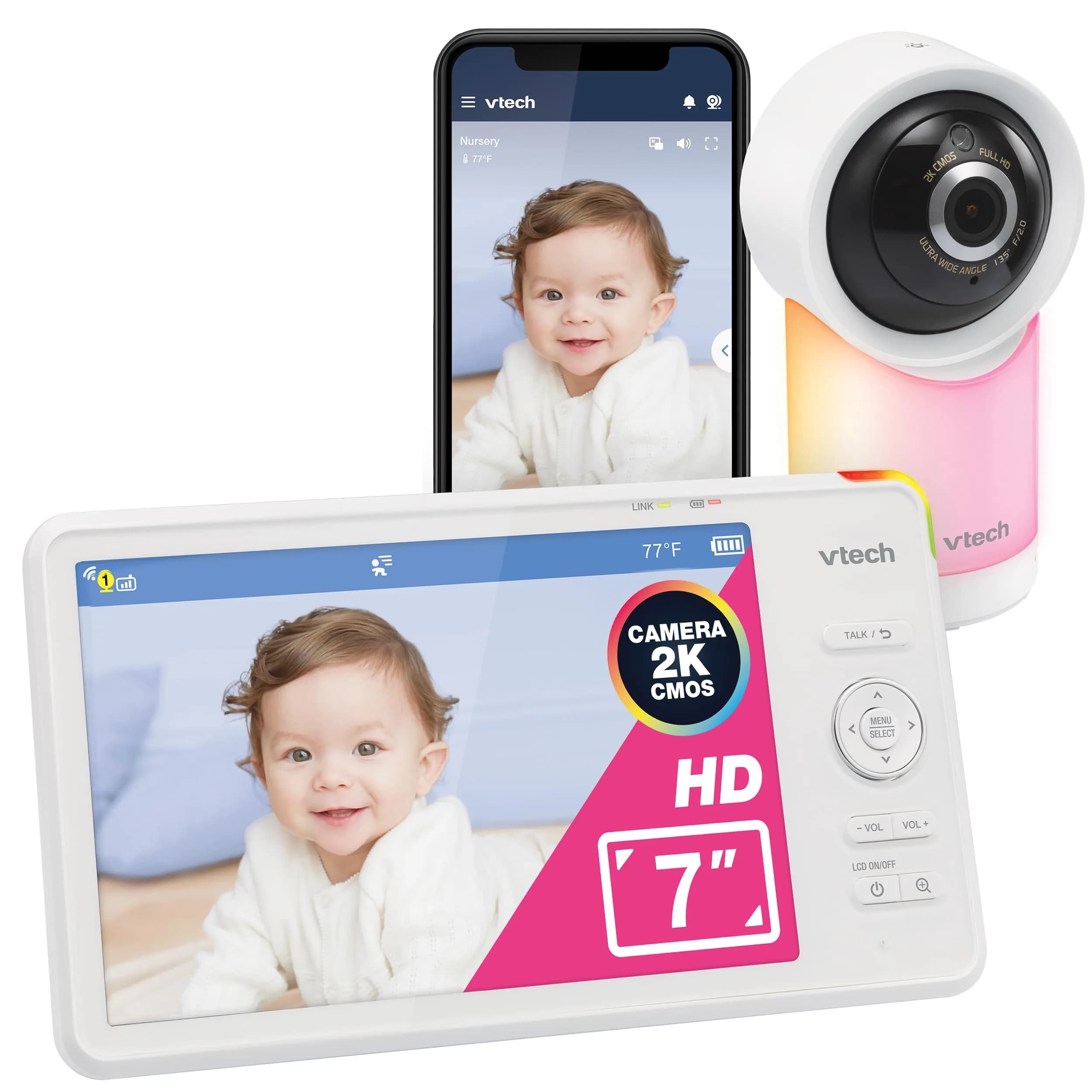 VTech Smart WiFi 7” HD Video Baby Monitor RM7866HD | Pan-Tilt-Zoom, 1080p App View, 2-Way Talk, Night Light