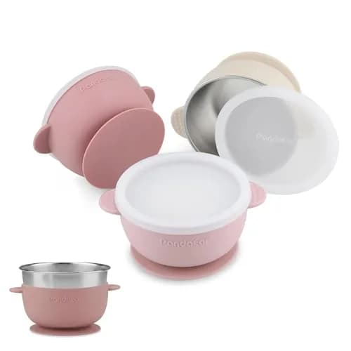 PandaEar 3 Pack Stainless Steel Baby Suction Bowls With Lids | Non-Slip, Shatterproof, Dishwasher Safe thumbnail 1