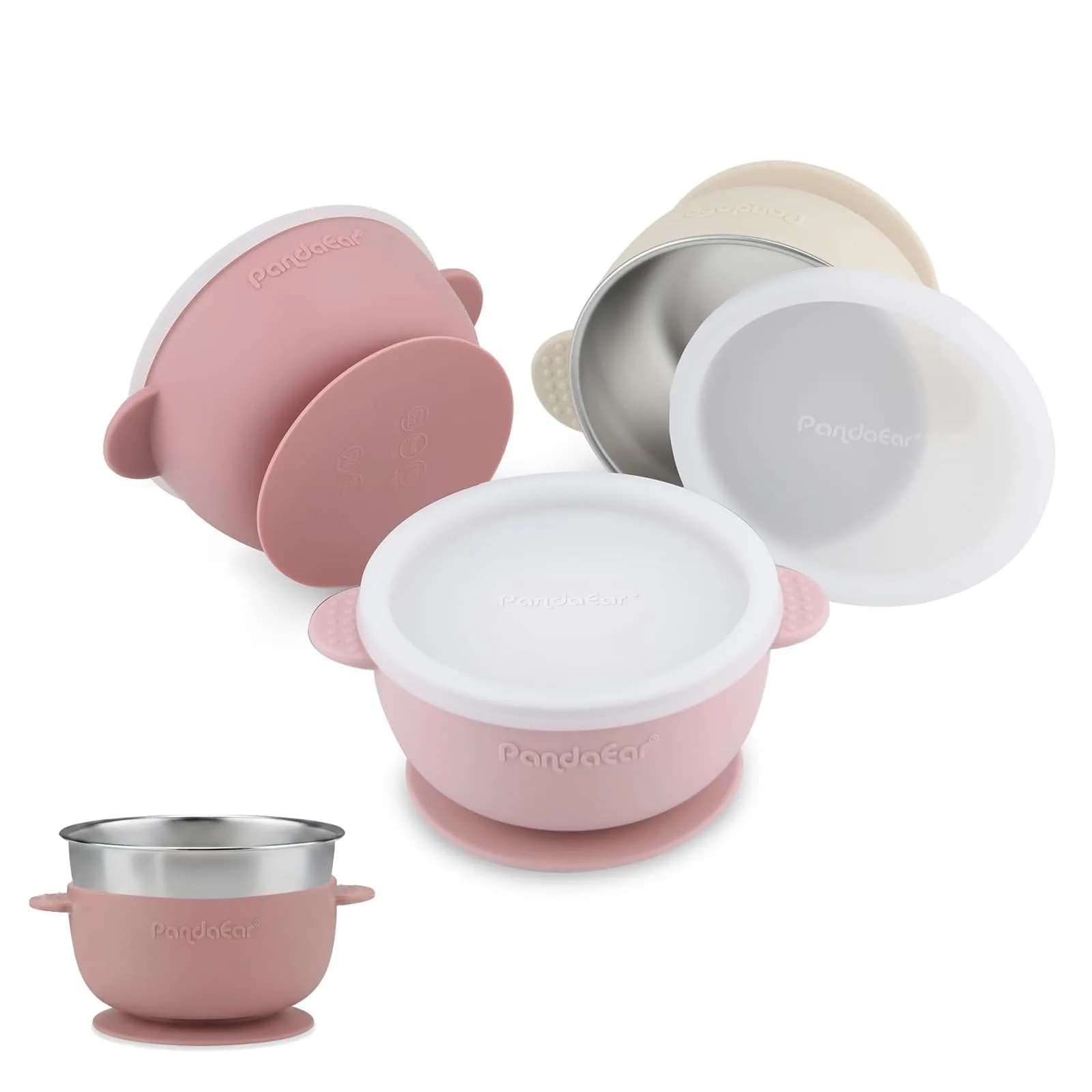 PandaEar 3 Pack Stainless Steel Baby Suction Bowls | Non-Slip Child Food Bowls with Silicone Sleeve for Toddlers & Infants — Pink / With Lids