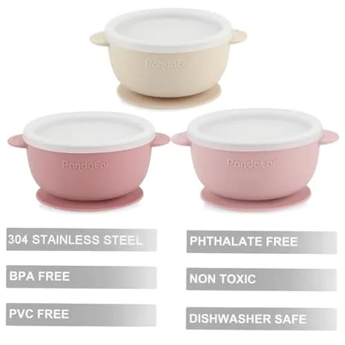PandaEar 3 Pack Stainless Steel Baby Suction Bowls With Lids | Non-Slip, Shatterproof, Dishwasher Safe thumbnail 3
