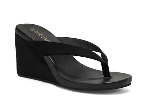 Coutgo Women's Wedge Heel Sandals Platform Flip Flops Slides Beach Shoes Suede Black 7 US (8.1 cm Heel) thumbnail 1
