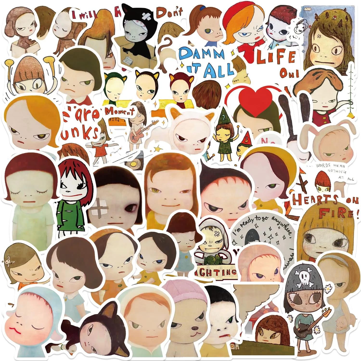 UBOFUGS Yoshitomo Nara Stickers Pack 50pcs | Waterproof Vinyl Decals for Water Bottle, Laptop, Phone, Skateboard, Scrapbooking, Kids Teens Adults Fans — Multicolor