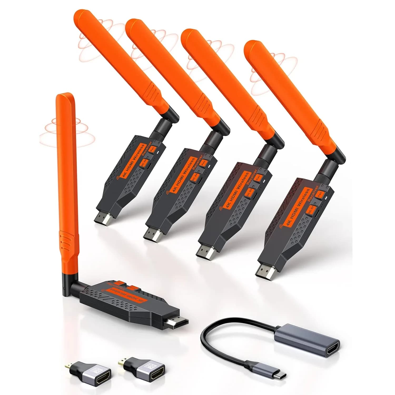 Coolpie Wireless HDMI Transmitter and Receiver Kit 1TX-3RX | 1080p HD Output, 350ft Range, Plug-and-Play — Orange and Black